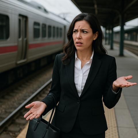 Woman waits for her "train" with confused look to tie in metaphor of title: AI for Defense Acquisition? Still Waiting at the Station...